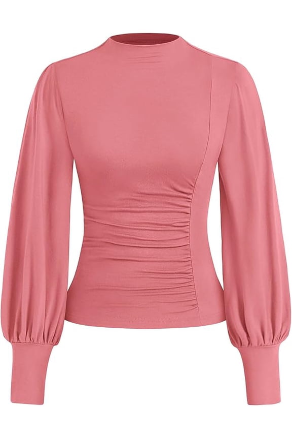 Blouses for Women Dressy Casual Spring Tops Fall Puff Long Sleeve Shirts Fitted Mock Neck Ruched Trendy Tops
