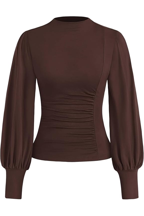 Blouses for Women Dressy Casual Spring Tops Fall Puff Long Sleeve Shirts Fitted Mock Neck Ruched Trendy Tops