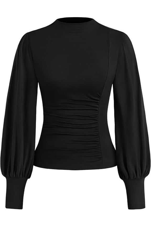 Blouses for Women Dressy Casual Spring Tops Fall Puff Long Sleeve Shirts Fitted Mock Neck Ruched Trendy Tops