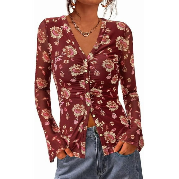 FreshPretty Button Down Shirts for Women Fall Fashion V Neck Long Sleeve Blouse Ruched Mesh Fitted Floral Print Boho Tops
