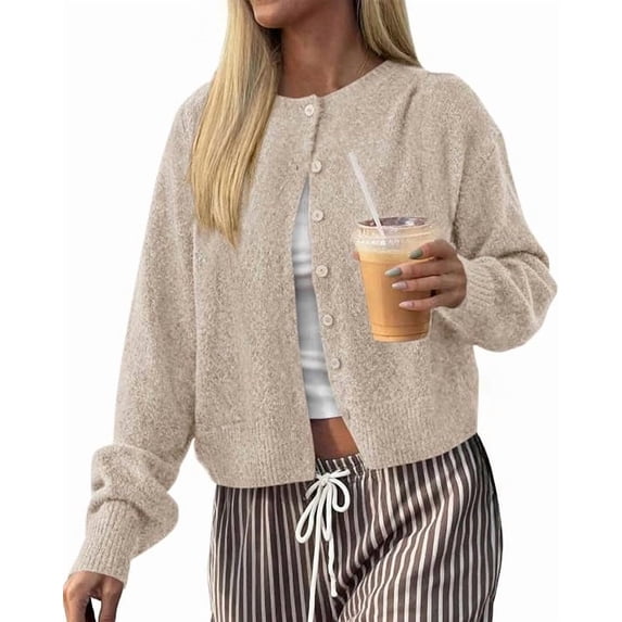 FreshPretty Cardigan Sweaters for Women Fall Long Sleeve Lightweight Knit,Button Front,Crewneck Drop Shoulder Business Casual Outfits,Soft Textured Cropped Sweater,Loose Daily Wear Travel Vacation