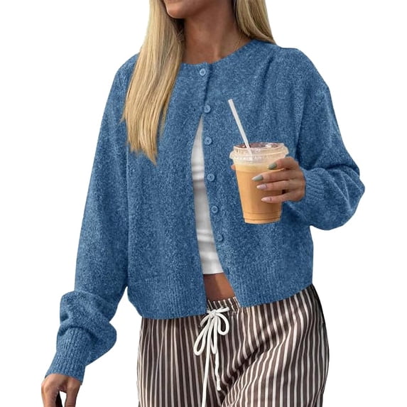 FreshPretty Cardigan Sweaters for Women Fall Long Sleeve Lightweight Knit,Button Front,Crewneck Drop Shoulder Business Casual Outfits,Soft Textured Cropped Sweater,Loose Daily Wear Travel Vacation