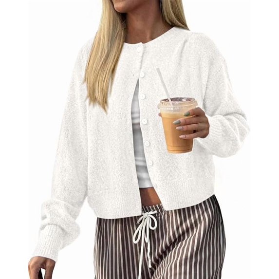 FreshPretty Cardigan Sweaters for Women Fall Long Sleeve Lightweight Knit,Button Front,Crewneck Drop Shoulder Business Casual Outfits,Soft Textured Cropped Sweater,Loose Daily Wear Travel Vacation