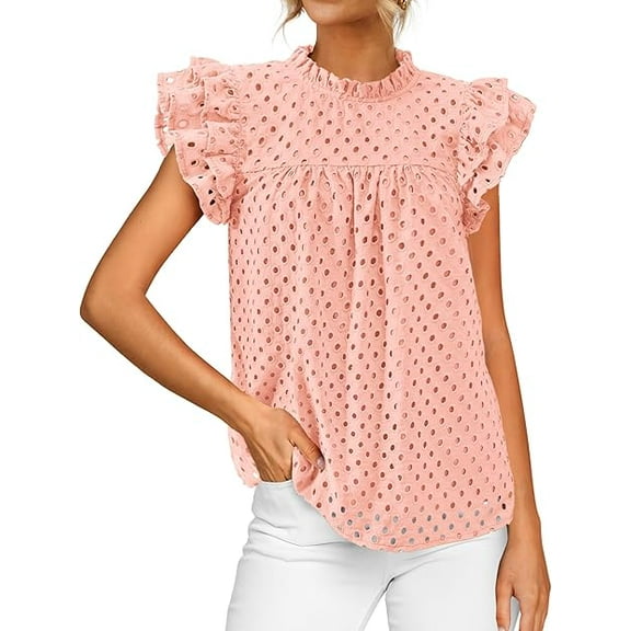 FreshPretty Casual Summer Tops for Women Short Ruffle Sleeves Shirts Crew Neck Hollow Out Lace Embroidered Blouses
