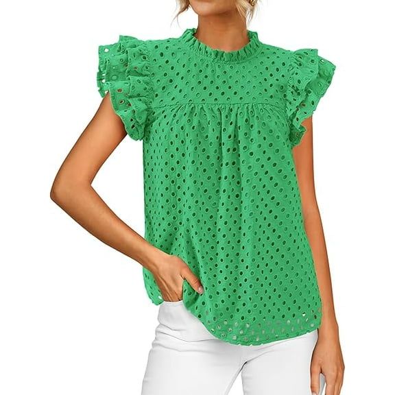 FreshPretty Casual Summer Tops for Women Short Ruffle Sleeves Shirts Crew Neck Hollow Out Lace Embroidered Blouses