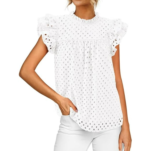 FreshPretty Casual Summer Tops for Women Short Ruffle Sleeves Shirts Crew Neck Hollow Out Lace Embroidered Blouses