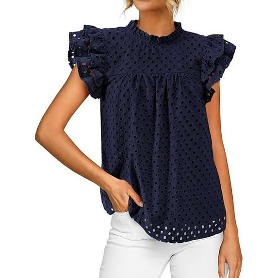 FreshPretty Casual Summer Tops for Women Short Ruffle Sleeves Shirts Crew Neck Hollow Out Lace Embroidered Blouses