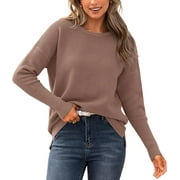 FRESHPRETTY Casual Women Fall Sweater Long Sleeve Ribbed Knit Pullover Loose Crewneck Batwing Split Sweater