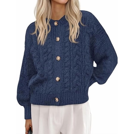 FreshPretty Chunky Cardigan Sweaters for Women Fall Fashion Button Lantern Long Sleeve Cable Knit Winter Coats Outerwear