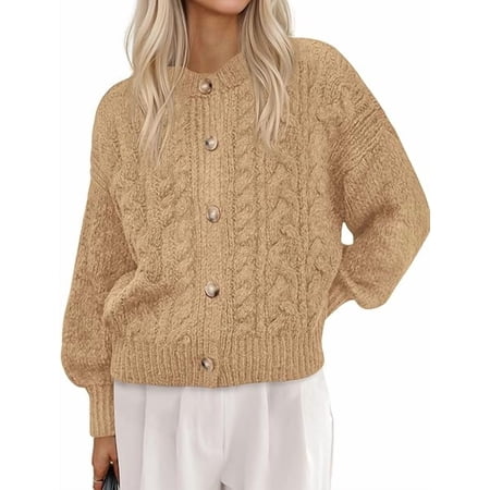 FreshPretty Chunky Cardigan Sweaters for Women Fall Fashion Button Lantern Long Sleeve Cable Knit Winter Coats Outerwear
