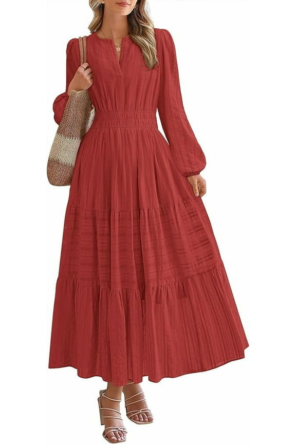 Fall Dresses for Women Casual Long Sleeve V Neck Elastic Waist Lightweight Maxi Wedding Guest Dress Pockets