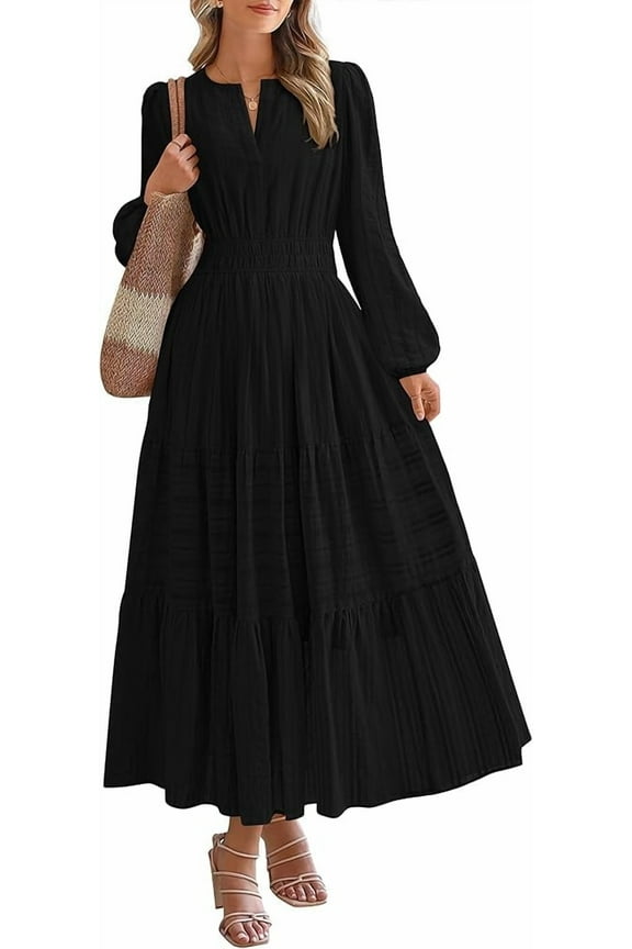 Fall Dresses for Women Casual Long Sleeve V Neck Elastic Waist Lightweight Maxi Wedding Guest Dress Pockets