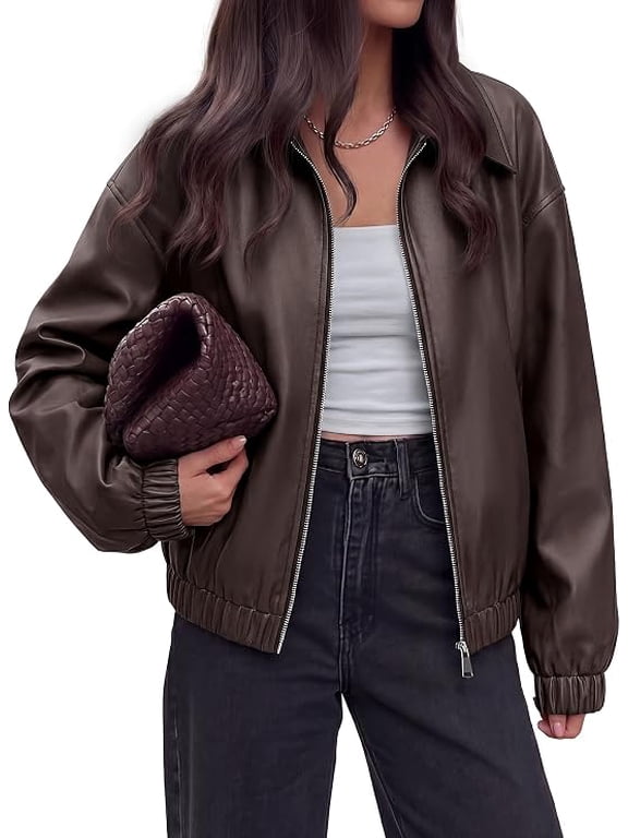 Fall Faux Leather Jacket Women Oversized Zip Up Bomber Coats,Loose Warm Winter Clothes With Pockets,Waterproof Chic Vintage Office Work Going Out Outwear,Trendy Casual Y2K Outfits