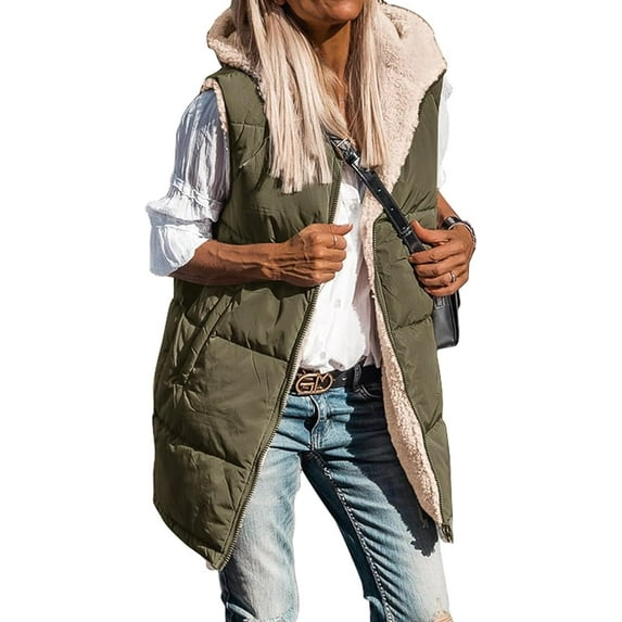 FreshPretty Fall Long Puffer Vest Women Sleeveless Hooded Reversible Fleece Sherpa Jacket Zip Up Winter Coat Outerwear Vests