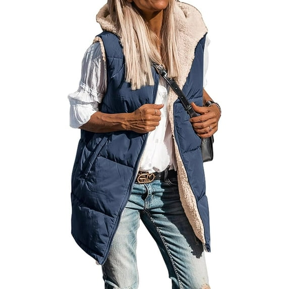 FreshPretty Fall Long Puffer Vest Women Sleeveless Hooded Reversible Fleece Sherpa Jacket Zip Up Winter Coat Outerwear Vests