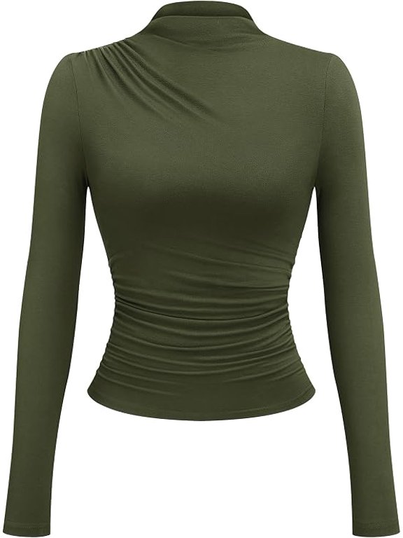 Going Out Tops for Women Long Sleeve Mock Neck Ruched Work Tops,Office Business Casual Tops,Modest Asymmetrical High Neck Fitted Elegant Dressy Shirt,Cinched Waist,Fall Clothes,Undershirt