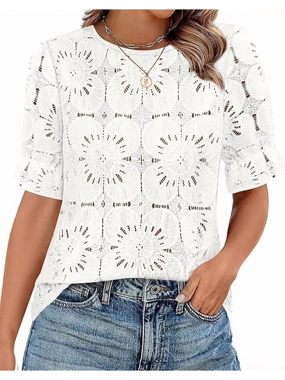 Lace Tops for Women Blouses Dressy Casual Boho Eyelet Puff Short Sleeve Shirts Spring Summer Clothes Vacation Outfits