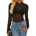 thumbnail image 1 of FreshPretty Lace Tops for Women See Through Mesh Top Crew Neck Long Sleeve Fitted Sheer Party Club Outfits Fall Fashion, 1 of 9