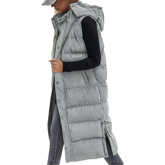 FreshPretty Long Puffer Vest Women Quilted Hooded Button Down Zip Up Sleeveless Vests Outerwear Padded Jacket Fall Winter Coat