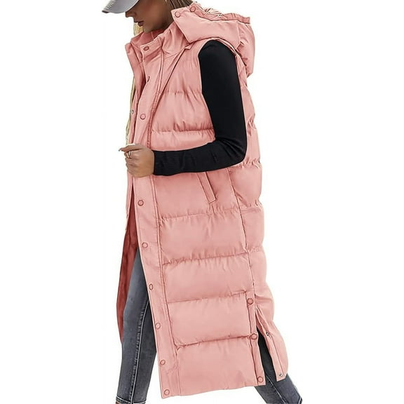 FreshPretty Long Puffer Vest Women Quilted Hooded Button Down Zip Up Sleeveless Vests Outerwear Padded Jacket Fall Winter Coat