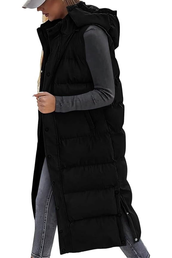 Long Puffer Vest Women Quilted Hooded Button Down Zip Up Sleeveless Vests Outerwear Padded Jacket Fall Winter Coat