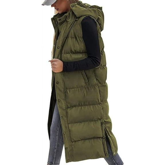 FreshPretty Long Puffer Vest Women Quilted Hooded Button Down Zip Up Sleeveless Vests Outerwear Padded Jacket Fall Winter Coat