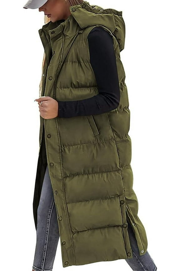 Long Puffer Vest Women Quilted Hooded Button Down Zip Up Sleeveless Vests Outerwear Padded Jacket Fall Winter Coat