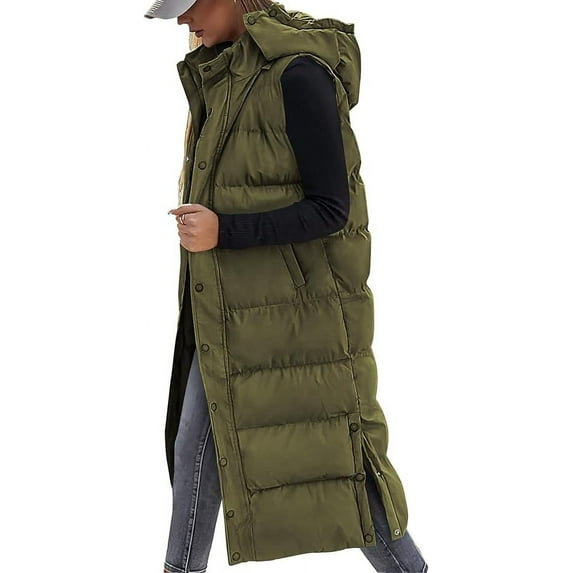 FreshPretty Long Puffer Vest Women Quilted Hooded Button Down Zip Up Sleeveless Vests Outerwear Padded Jacket Fall Winter Coat
