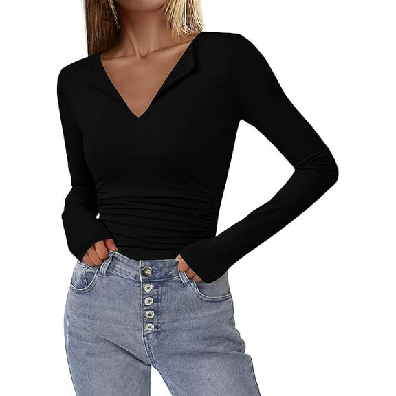 FreshPretty Long Sleeve Shirts for Women Fall Fashion V Neck Knit Ruched Slim Fit Casual Basic Tees Going Out Tops Y2k