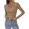 thumbnail image 1 of FreshPretty Long Sleeve Shirts for Women Fall Fashion V Neck Knit Ruched Slim Fit Casual Basic Tees Going Out Tops Y2k, 1 of 9