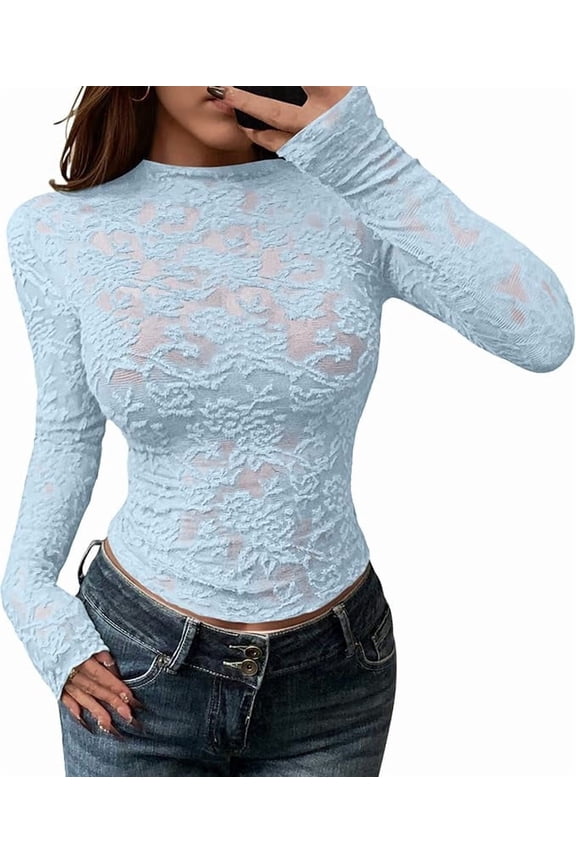 Mesh Long Sleeve Tops for Women Lace Sexy Sheer Tight See Through Crew Neck Spring Fall Party Club Outfits