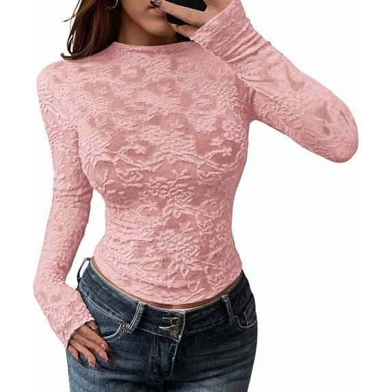 FreshPretty Mesh Long Sleeve Tops for Women Lace Sexy Sheer Tight See Through Crew Neck Spring Fall Party Club Outfits