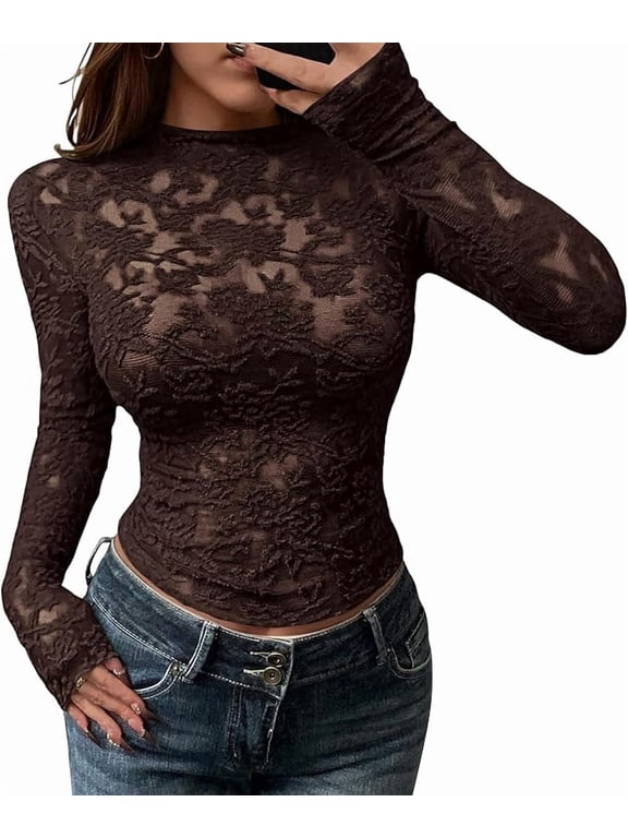 Mesh Long Sleeve Tops for Women Lace Sexy Sheer Tight See Through Crew Neck Spring Fall Party Club Outfits