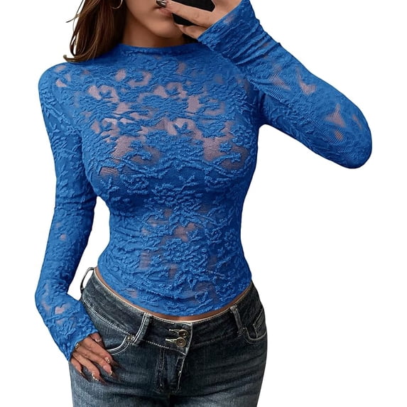 FreshPretty Mesh Long Sleeve Tops for Women Lace Sexy Sheer Tight See Through Crew Neck Spring Fall Party Club Outfits