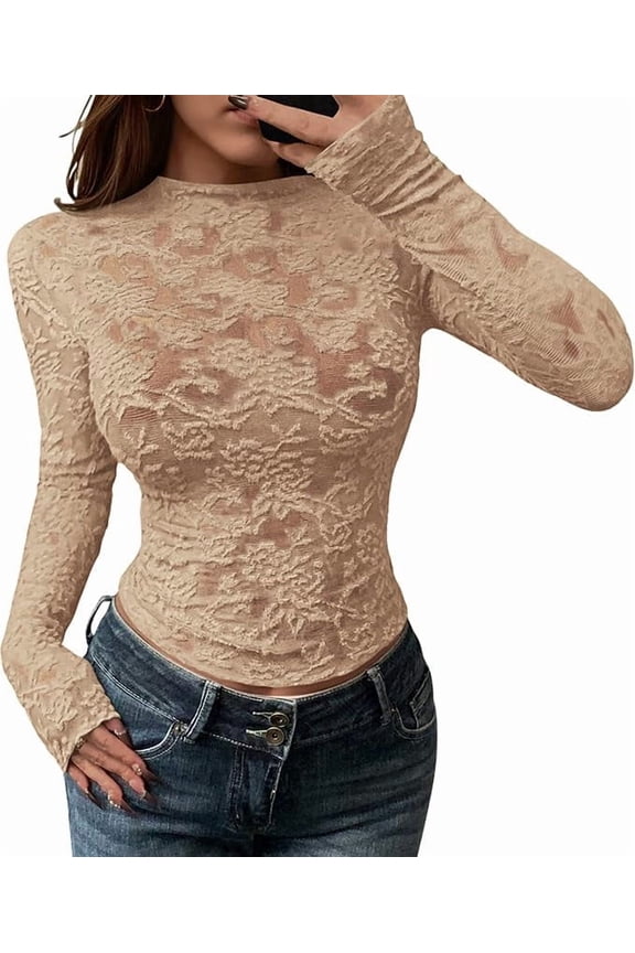 Mesh Long Sleeve Tops for Women Lace Sexy Sheer Tight See Through Crew Neck Spring Fall Party Club Outfits