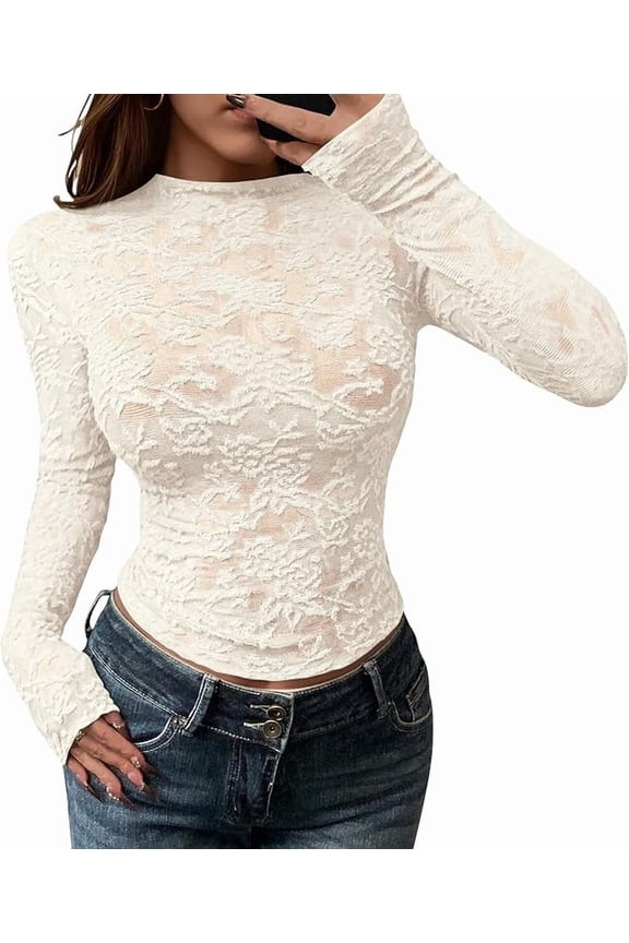 Mesh Long Sleeve Tops for Women Lace Sexy Sheer Tight See Through Crew Neck Spring Fall Party Club Outfits