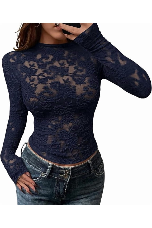 Mesh Long Sleeve Tops for Women Lace Sexy Sheer Tight See Through Crew Neck Spring Fall Party Club Outfits