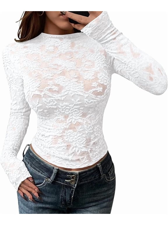 Mesh Long Sleeve Tops for Women Lace Sexy Sheer Tight See Through Crew Neck Spring Fall Party Club Outfits