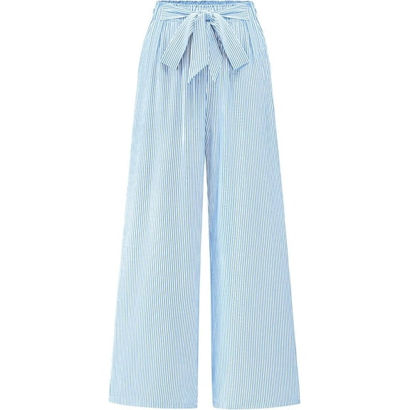 FreshPretty Palazzo Pants for Women Fall Striped Flowy Tie Knot Wide Leg High Waist Dressy Casual Work Pants Trousers