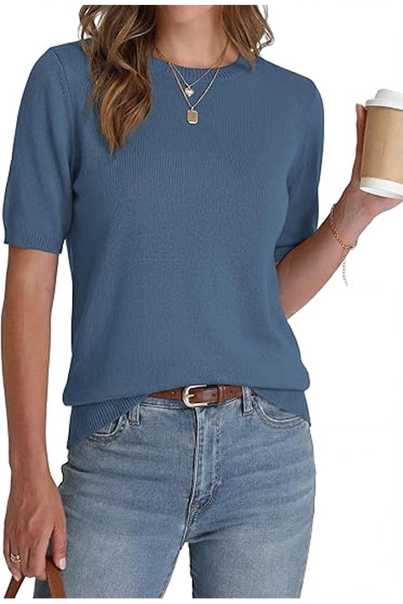 Short Sleeve Sweater for Women Spring Tops Crew Neck Lightweight Pullover Loose Dressy Casual Blouse Basic Clothes
