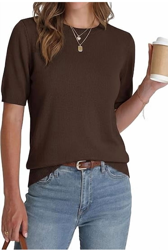 Short Sleeve Sweater for Women Spring Tops Crew Neck Lightweight Pullover Loose Dressy Casual Blouse Basic Clothes