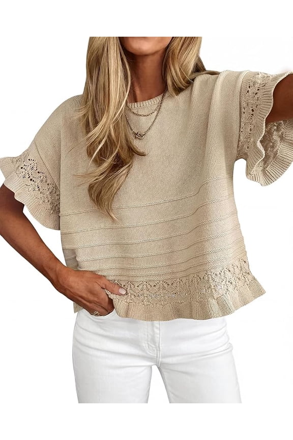 Spring Sweaters for Women Summer Crochet Ruffle Short Sleeve Knit Cute Tops Cotton Blouse Fashion Clothing