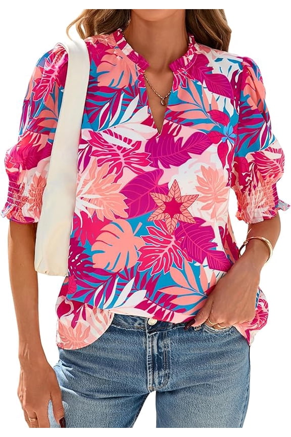 Summer Blouses for Women Dressy Casual Fashion Spring Tops Floral Boho V Neck Puff Short Sleeve Top Shirts