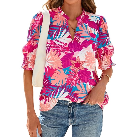 FreshPretty Summer Blouses for Women Dressy Casual Fashion Spring Tops Floral Boho V Neck Puff Short Sleeve Top Shirts