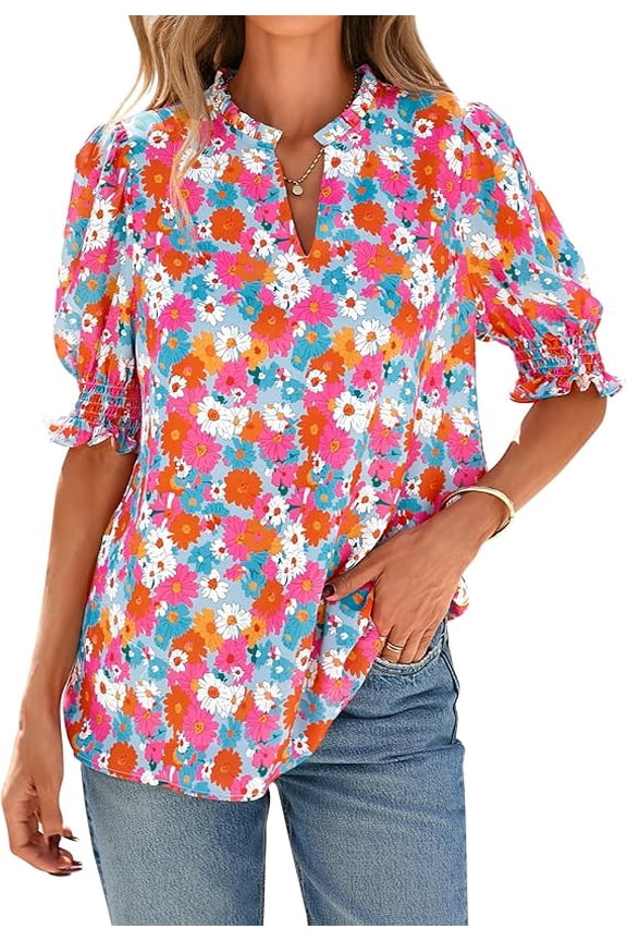 Summer Blouses for Women Dressy Casual Fashion Spring Tops Floral Boho V Neck Puff Short Sleeve Top Shirts