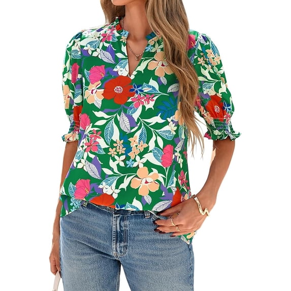 FreshPretty Summer Blouses for Women Dressy Casual Fashion Spring Tops Floral Boho V Neck Puff Short Sleeve Top Shirts