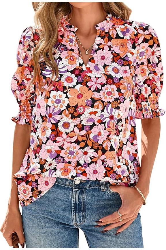 Summer Blouses for Women Dressy Casual Fashion Spring Tops Floral Boho V Neck Puff Short Sleeve Top Shirts