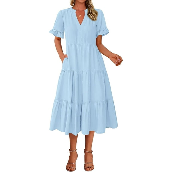 FreshPretty Summer Dresses for Women 2025 Vacation V Neck Ruffle Short Sleeve A Line Tiered Flowy Casual Midi Beach Dress