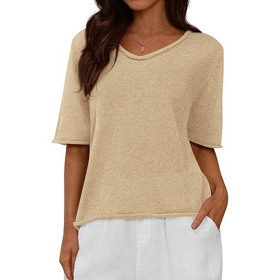 FreshPretty Sweaters for Women Summer Oversized Half Short Sleeve Knitted Pullover V Neck Casual Loose Fit Spring Tops