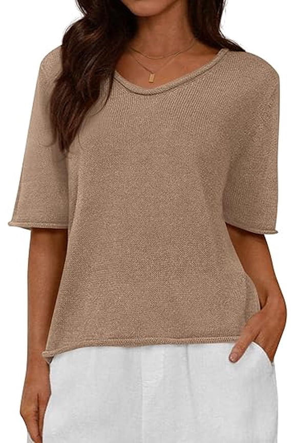 Sweaters for Women Summer Oversized Half Short Sleeve Knitted Pullover V Neck‌ Casual Loose Fit Spring Tops